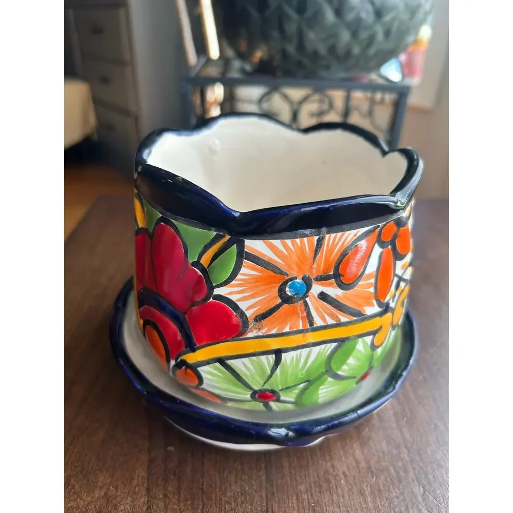 Talavera Pot Planter with Saucer Small Hand Painted Indoor Outdoor floral 5.5”